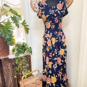 Vintage Floral Maxi Dress - Navy and Multicolor